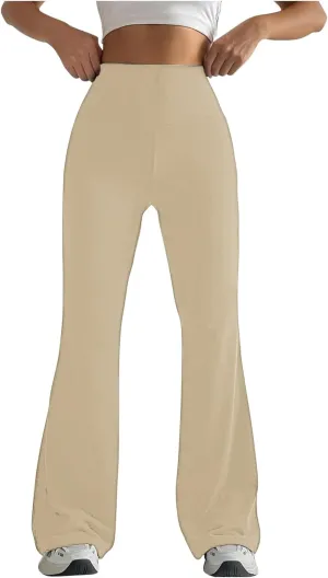 Women High Waist Pants Casual Stretchy Solid Color Sports Trousers Tight Fitting Hip Shaping Flared Pants