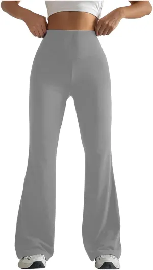 Women High Waist Pants Casual Stretchy Solid Color Sports Trousers Tight Fitting Hip Shaping Flared Pants