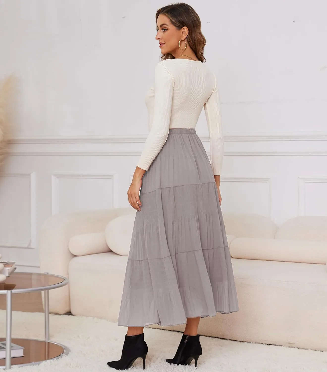 Women Pleated High Waist Skirts 2024 Fall Outfits Elegant Flowy A-Line Maxi Skirt