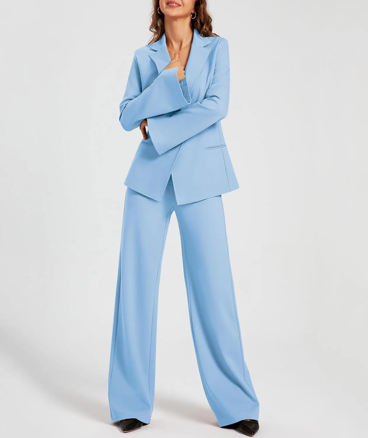 Women's 2 Piece Blazer Outfits Business Casual Asymmetrical Jacket Button Wide Leg Pants Dressy Suit Sets