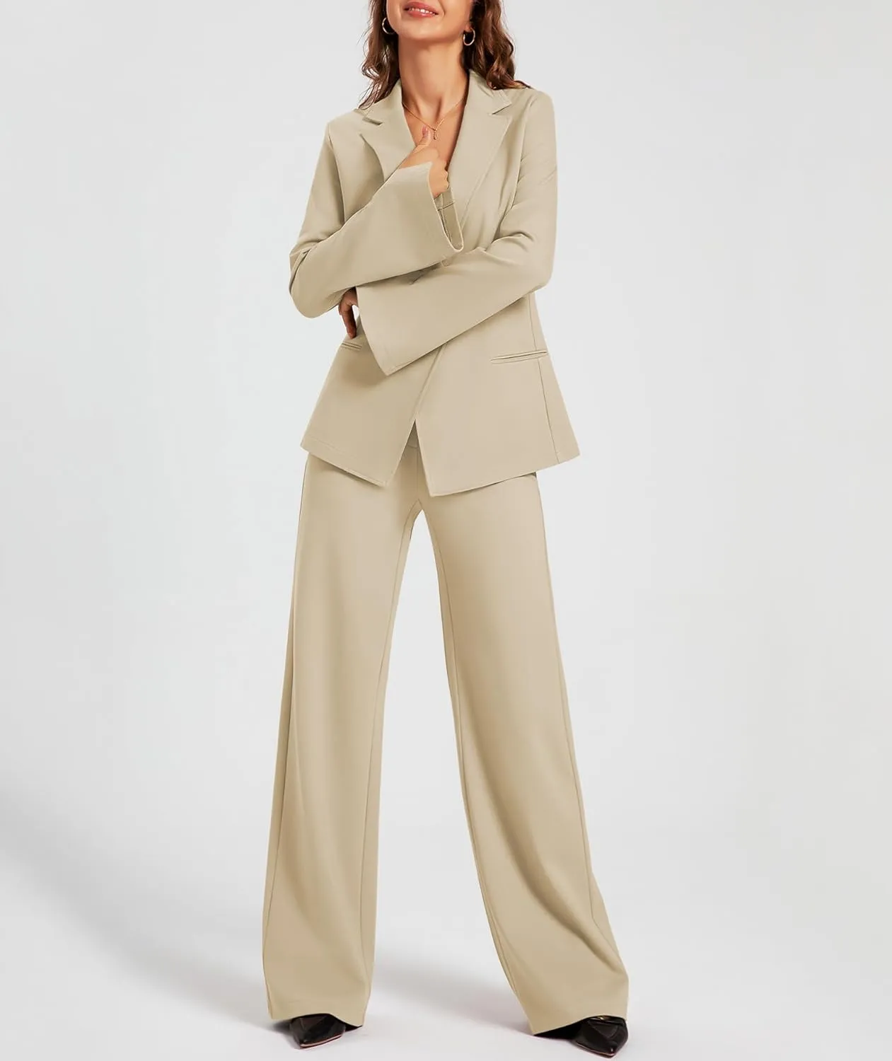 Women's 2 Piece Blazer Outfits Business Casual Asymmetrical Jacket Button Wide Leg Pants Dressy Suit Sets