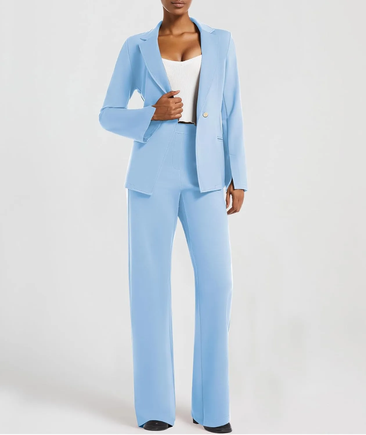 Women's 2 Piece Blazer Outfits Business Casual Asymmetrical Jacket Button Wide Leg Pants Dressy Suit Sets