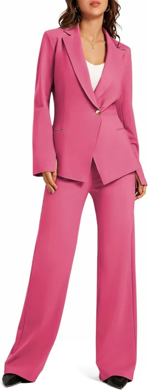 Women's 2 Piece Blazer Outfits Business Casual Asymmetrical Jacket Button Wide Leg Pants Dressy Suit Sets