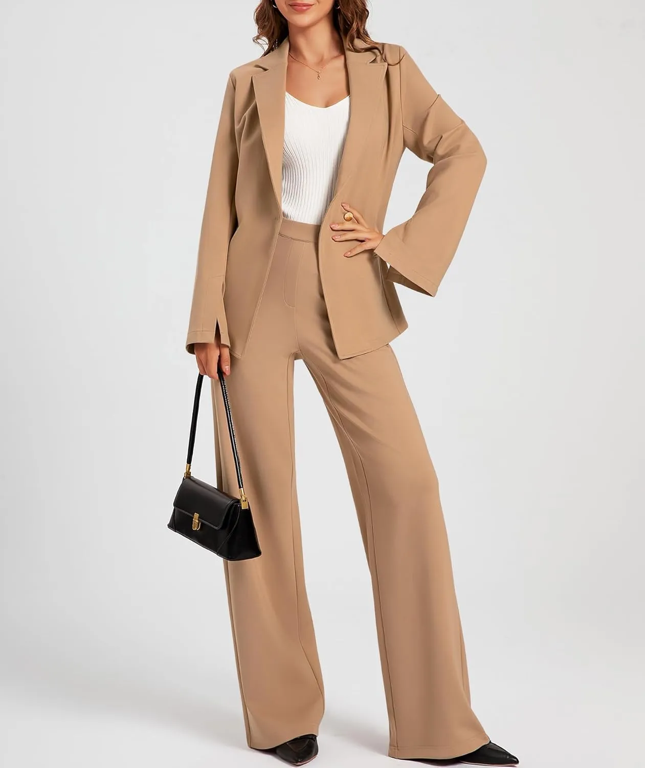 Women's 2 Piece Blazer Outfits Business Casual Asymmetrical Jacket Button Wide Leg Pants Dressy Suit Sets