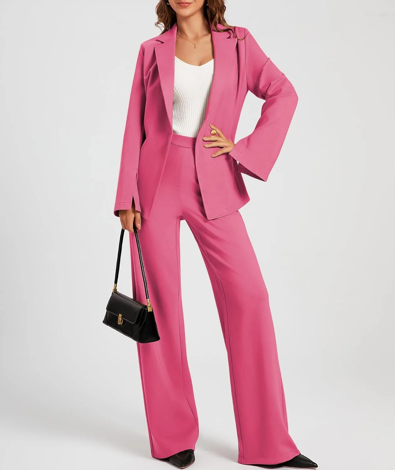 Women's 2 Piece Blazer Outfits Business Casual Asymmetrical Jacket Button Wide Leg Pants Dressy Suit Sets
