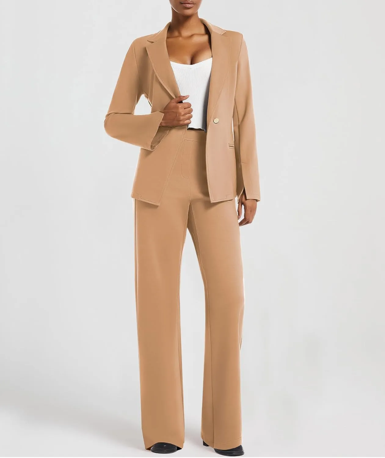 Women's 2 Piece Blazer Outfits Business Casual Asymmetrical Jacket Button Wide Leg Pants Dressy Suit Sets