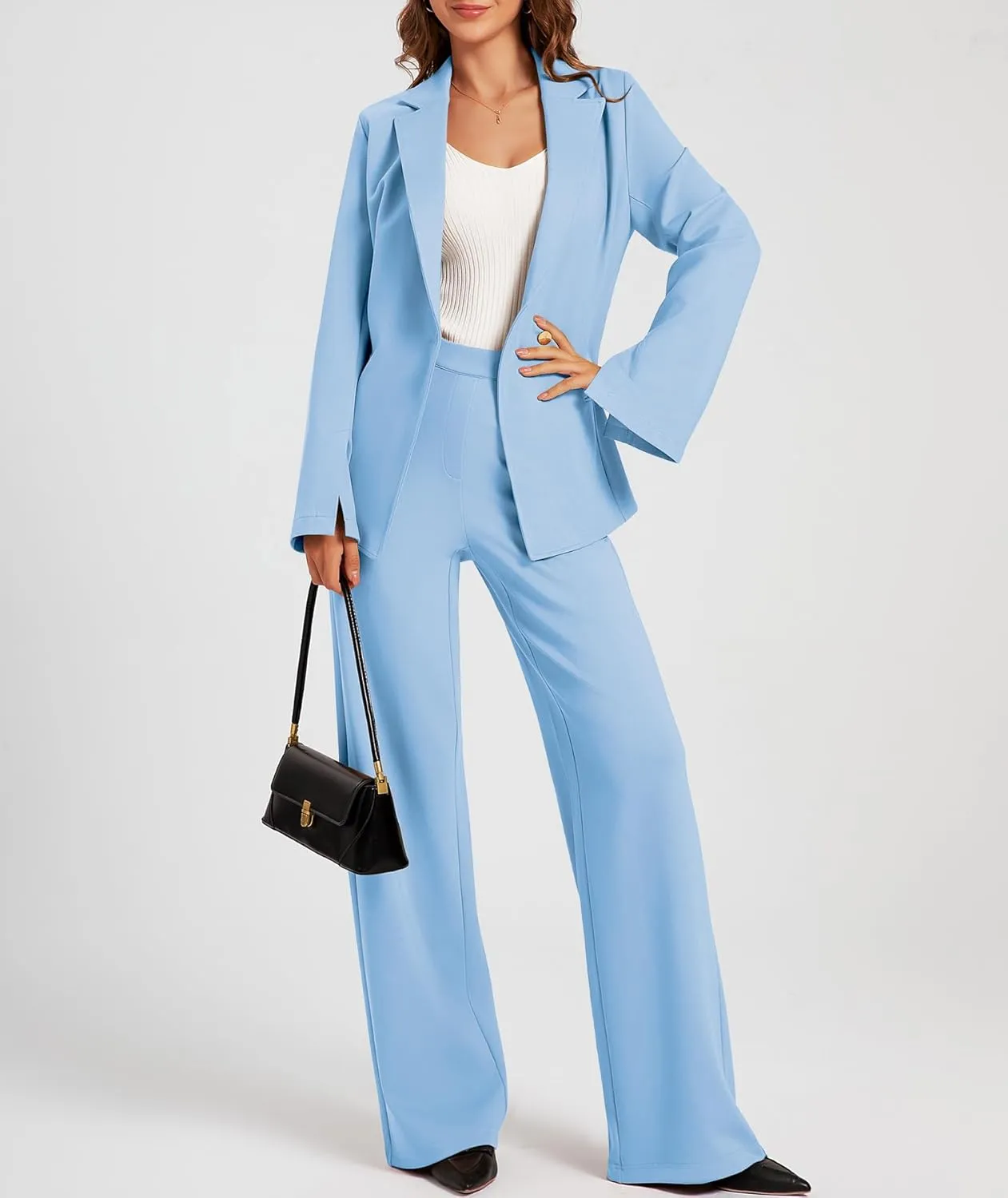Women's 2 Piece Blazer Outfits Business Casual Asymmetrical Jacket Button Wide Leg Pants Dressy Suit Sets