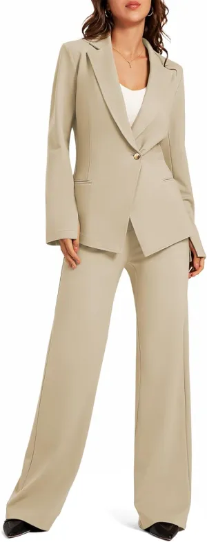 Women's 2 Piece Blazer Outfits Business Casual Asymmetrical Jacket Button Wide Leg Pants Dressy Suit Sets