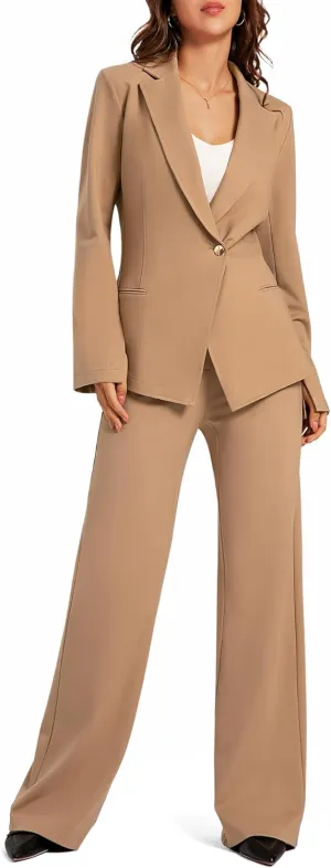 Women's 2 Piece Blazer Outfits Business Casual Asymmetrical Jacket Button Wide Leg Pants Dressy Suit Sets