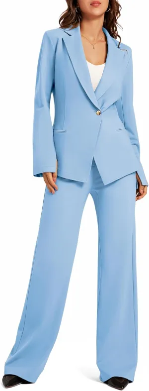 Women's 2 Piece Blazer Outfits Business Casual Asymmetrical Jacket Button Wide Leg Pants Dressy Suit Sets