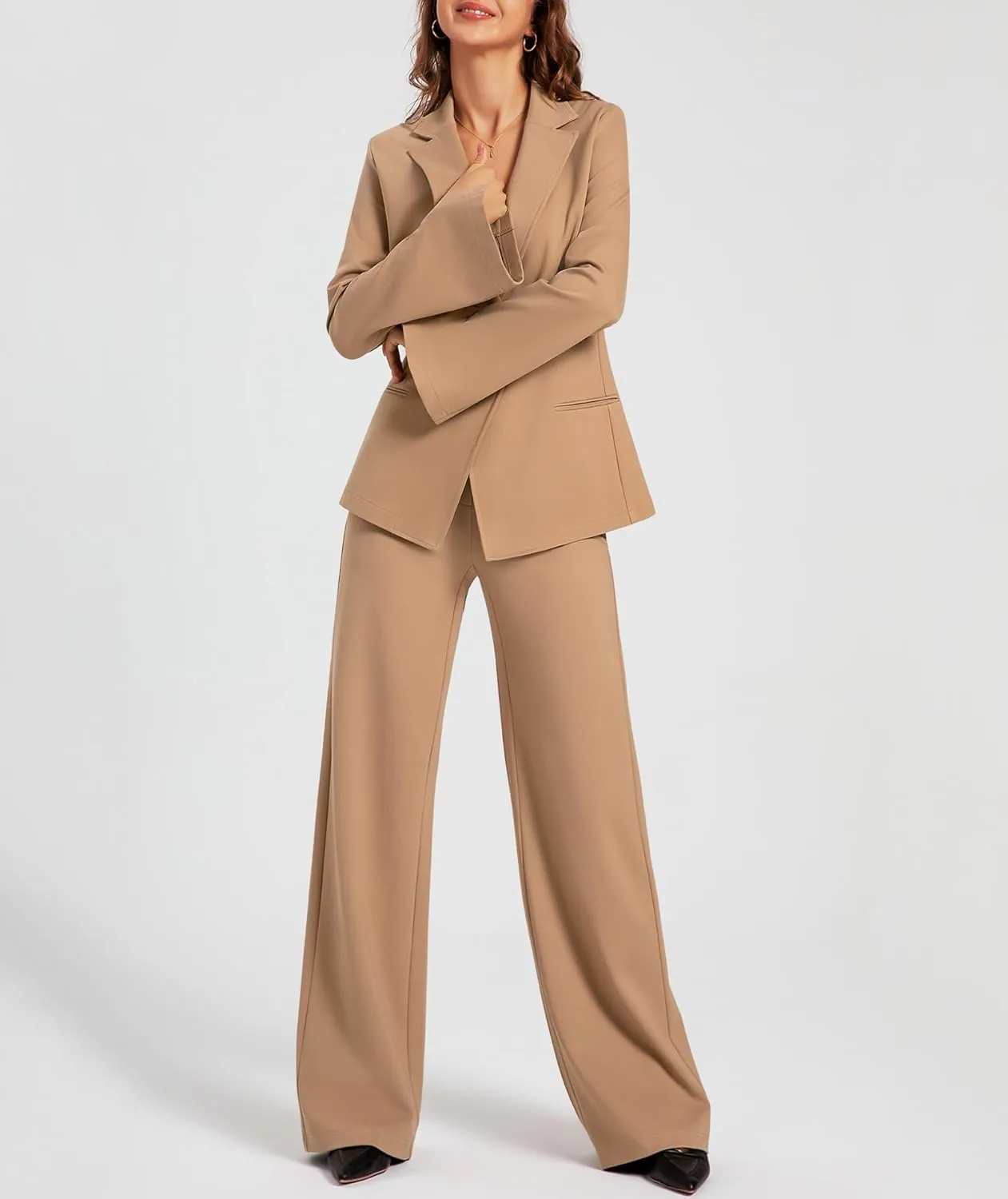 Women's 2 Piece Blazer Outfits Business Casual Asymmetrical Jacket Button Wide Leg Pants Dressy Suit Sets