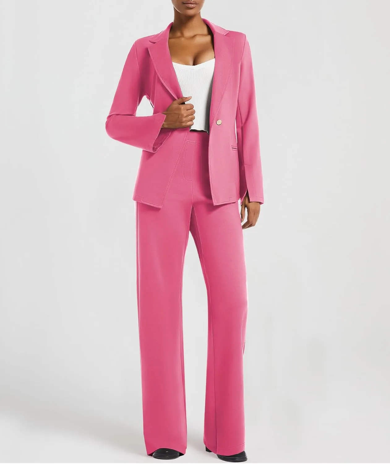 Women's 2 Piece Blazer Outfits Business Casual Asymmetrical Jacket Button Wide Leg Pants Dressy Suit Sets