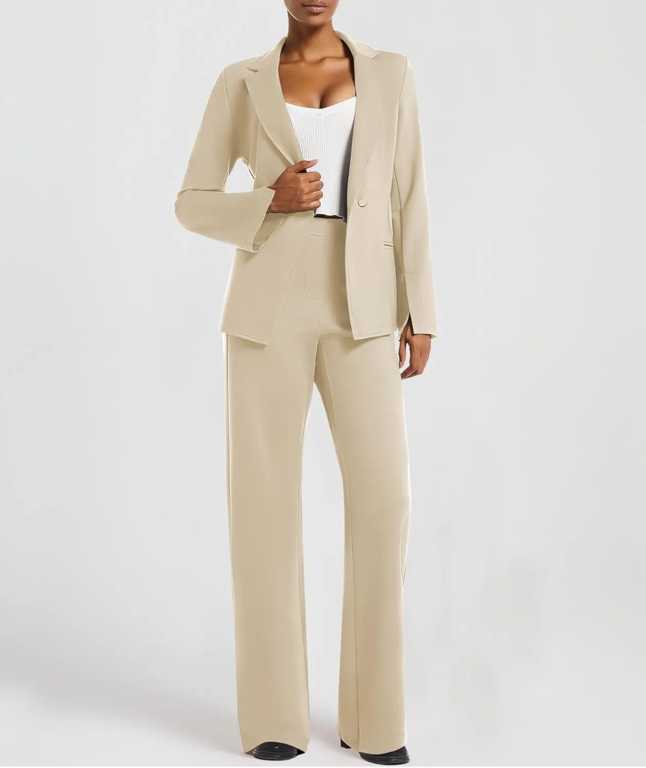 Women's 2 Piece Blazer Outfits Business Casual Asymmetrical Jacket Button Wide Leg Pants Dressy Suit Sets