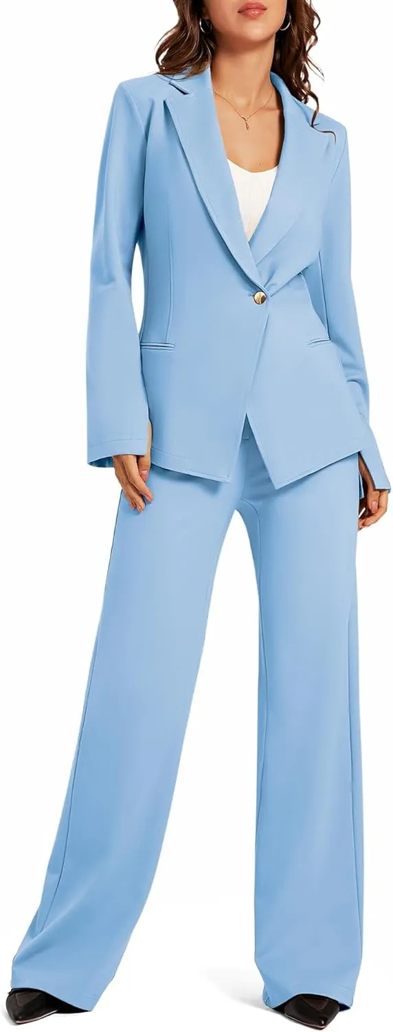 Women's 2 Piece Blazer Outfits Business Casual Asymmetrical Jacket Button Wide Leg Pants Dressy Suit Sets