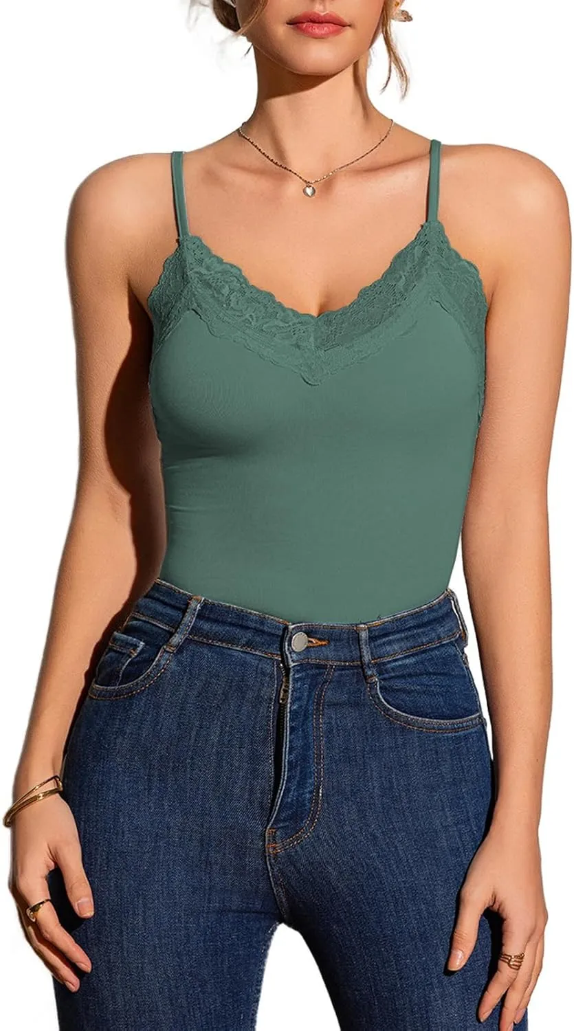 Womens Camisole Tank Top Undershirt Adjustable Spaghetti Strap V-Neck Lace Stretchy Camisoles
