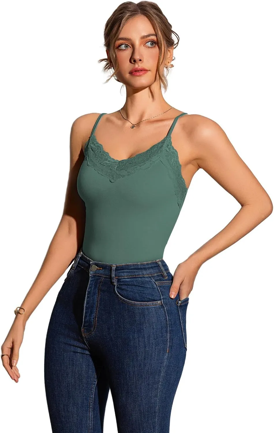 Womens Camisole Tank Top Undershirt Adjustable Spaghetti Strap V-Neck Lace Stretchy Camisoles
