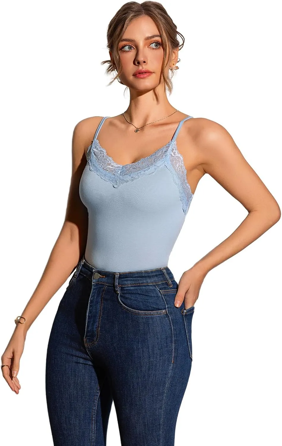 Womens Camisole Tank Top Undershirt Adjustable Spaghetti Strap V-Neck Lace Stretchy Camisoles