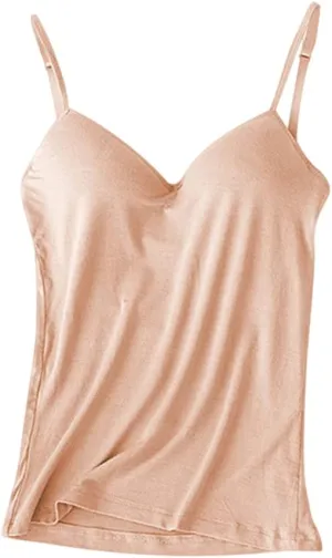 Women's Camisole with Built in Bra Summer Casual V Neck Camisoles Cotton Spandex Skin-Friendly & Comfortable Tops Apricot