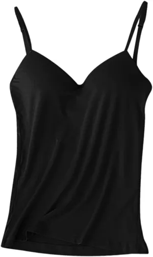 Women's Camisole with Built in Bra Summer Casual V Neck Camisoles Cotton Spandex Skin-Friendly & Comfortable Tops Black