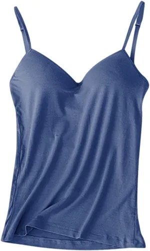 Women's Camisole with Built in Bra Summer Casual V Neck Camisoles Cotton Spandex Skin-Friendly & Comfortable Tops Dark Blue