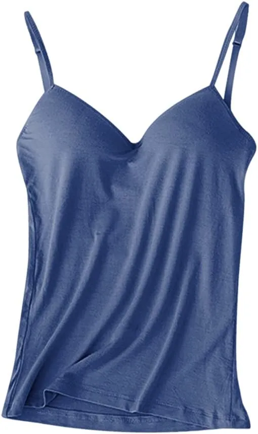 Women's Camisole with Built in Bra Summer Casual V Neck Camisoles Cotton Spandex Skin-Friendly & Comfortable Tops Dark Blue