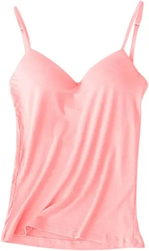 Women's Camisole with Built in Bra Summer Casual V Neck Camisoles Cotton Spandex Skin-Friendly & Comfortable Tops Pink
