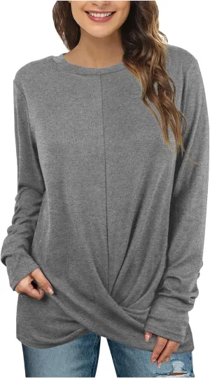 Womens Casual Crewneck Sweatshirts Long Sleeve Solid Color Hoodies Loose Fit Soft Pullover Tops Cross Spliced Top
