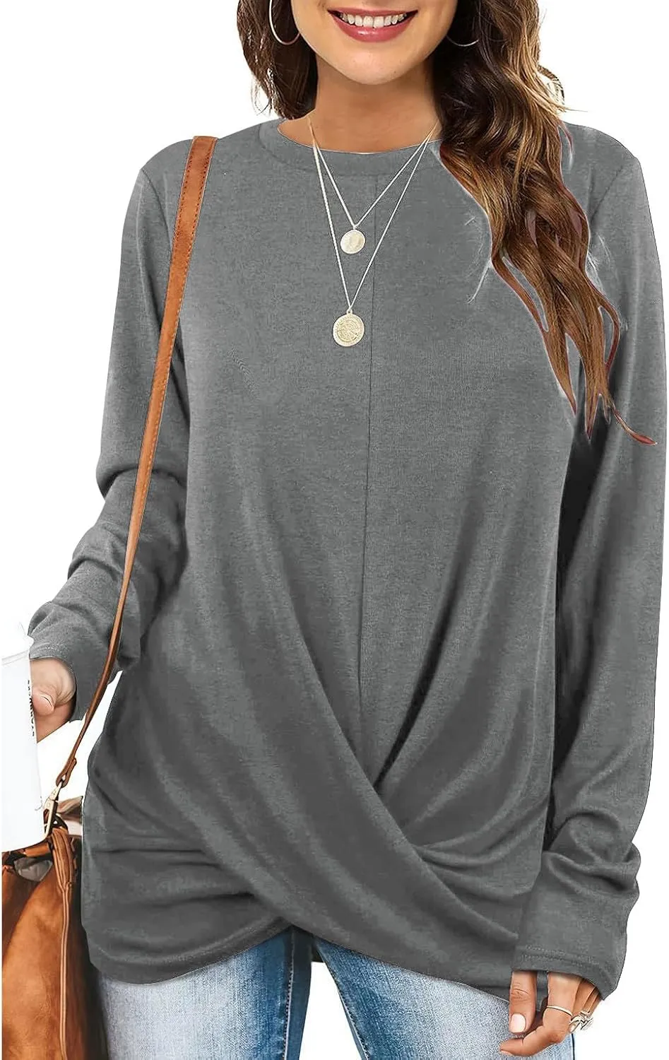 Womens Casual Crewneck Sweatshirts Long Sleeve Solid Color Hoodies Loose Fit Soft Pullover Tops Cross Spliced Top