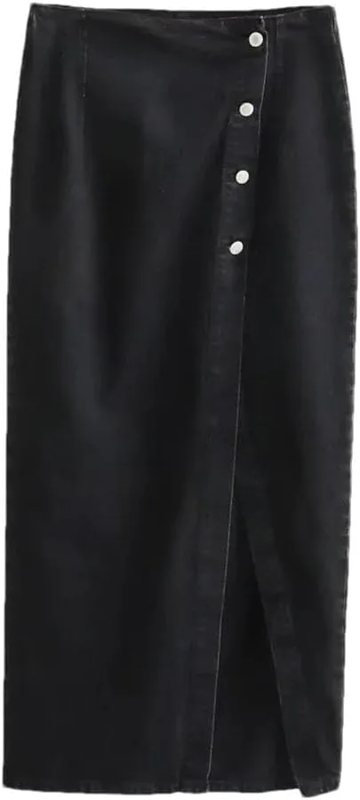 Women's Casual Elegant Denim Midi Skirts Button Front with Side Slit