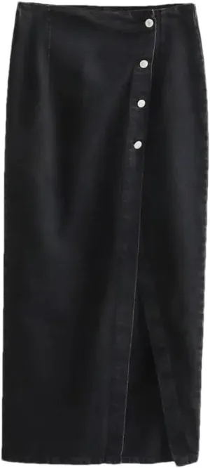 Women's Casual Elegant Denim Midi Skirts Button Front with Side Slit