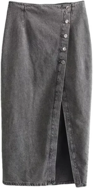 Women's Casual Elegant Denim Midi Skirts Button Front with Side Slit