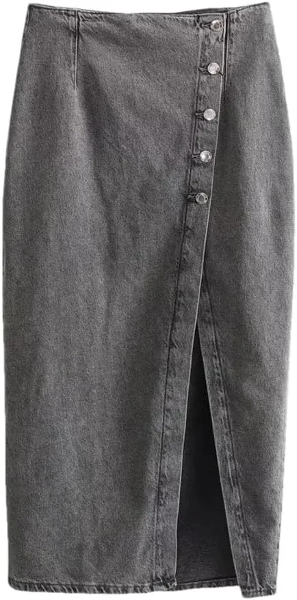 Women's Casual Elegant Denim Midi Skirts Button Front with Side Slit