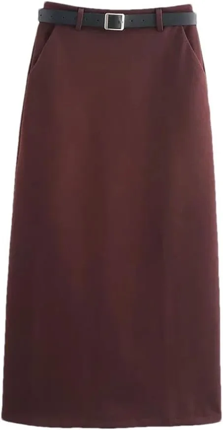 Women's Casual Elegant Slim Fit Skirt High Waist Pleated Solid Skirts with Belt