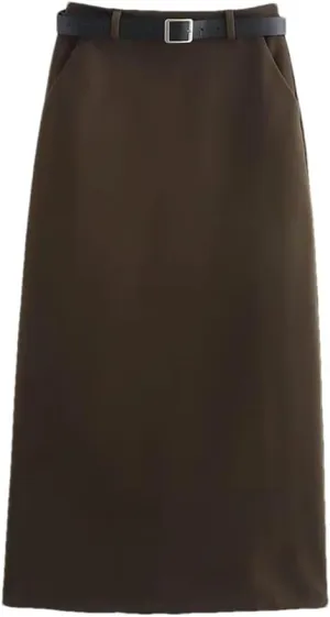 Women's Casual Elegant Slim Fit Skirt High Waist Pleated Solid Skirts with Belt
