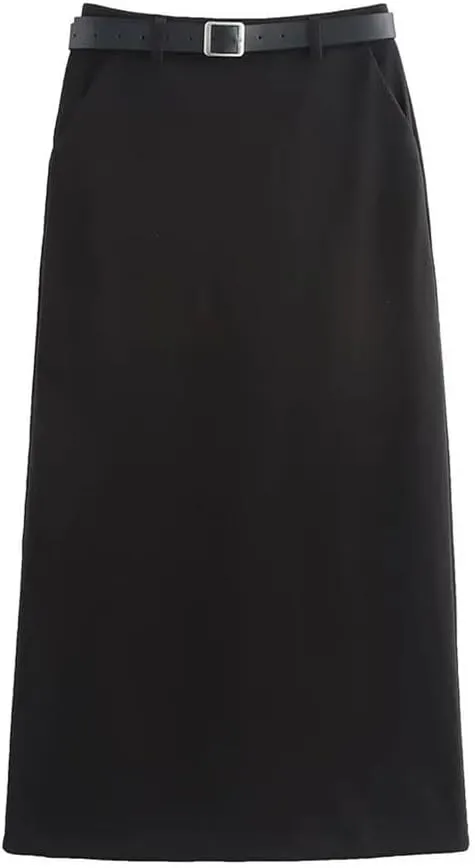 Women's Casual Elegant Slim Fit Skirt High Waist Pleated Solid Skirts with Belt