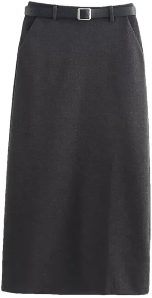 Women's Casual Elegant Slim Fit Skirt High Waist Pleated Solid Skirts with Belt