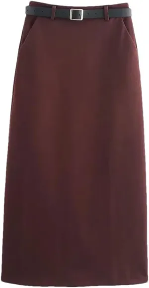 Women's Casual Elegant Slim Fit Skirt High Waist Pleated Solid Skirts with Belt