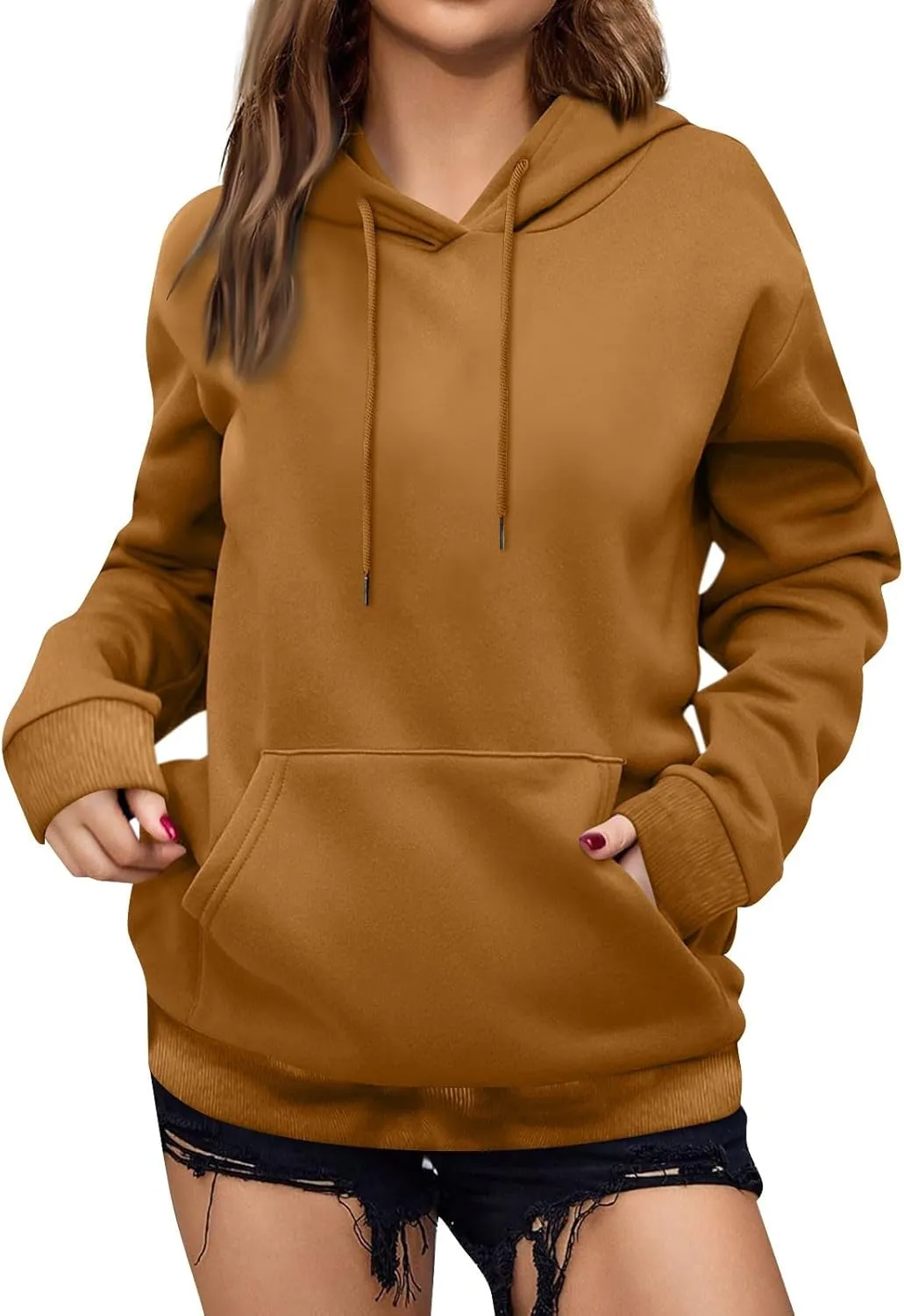 Women's Casual Hoodies Long Sleeve Lightweight Solid Pullover Tops Loose Fall Winter Sweatshirt with Pocket