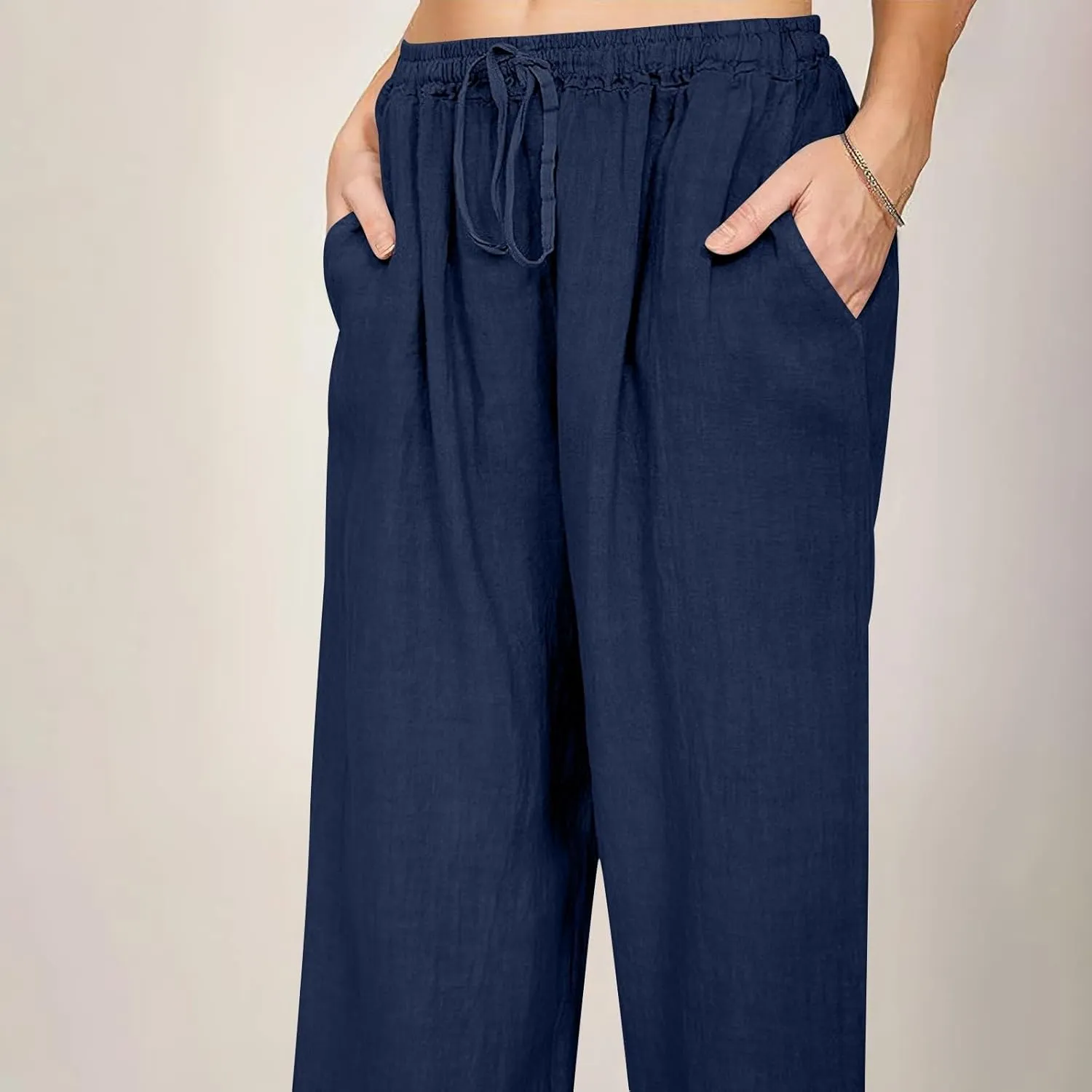 Womens Casual Pants Wide Leg Linen Trousers High Waist Loose Fit Lightweight Summer Beach Pockets Comfortable