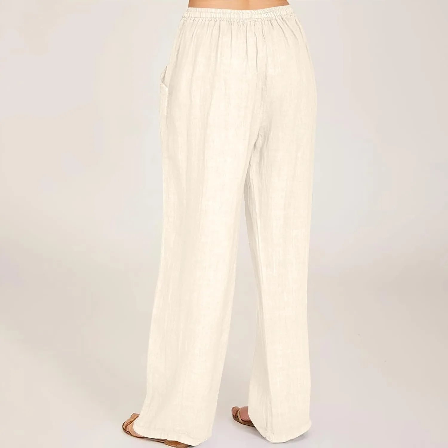 Womens Casual Pants Wide Leg Linen Trousers High Waist Loose Fit Lightweight Summer Beach Pockets Comfortable