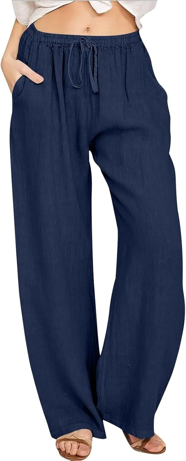 Womens Casual Pants Wide Leg Linen Trousers High Waist Loose Fit Lightweight Summer Beach Pockets Comfortable