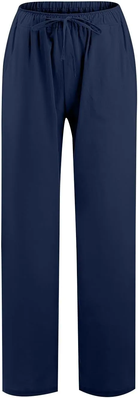 Womens Casual Pants Wide Leg Linen Trousers High Waist Loose Fit Lightweight Summer Beach Pockets Comfortable