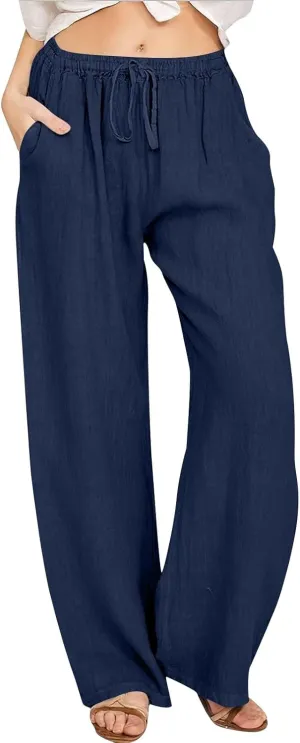 Womens Casual Pants Wide Leg Linen Trousers High Waist Loose Fit Lightweight Summer Beach Pockets Comfortable