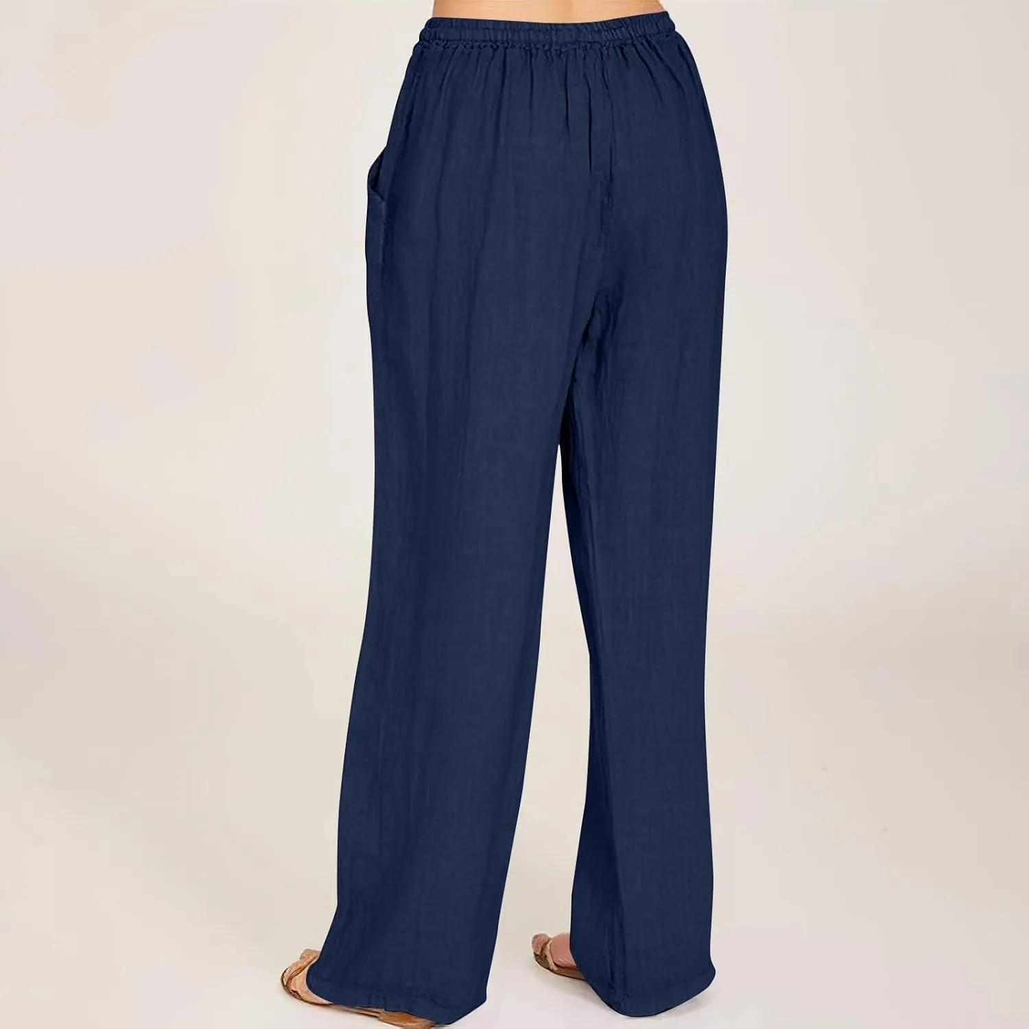 Womens Casual Pants Wide Leg Linen Trousers High Waist Loose Fit Lightweight Summer Beach Pockets Comfortable