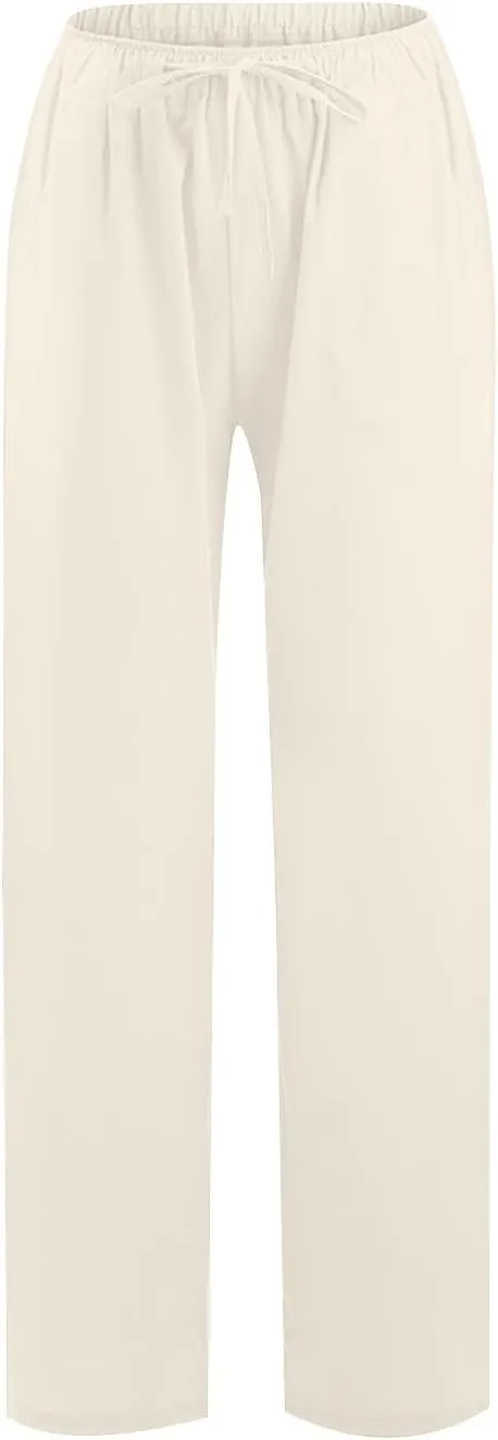 Womens Casual Pants Wide Leg Linen Trousers High Waist Loose Fit Lightweight Summer Beach Pockets Comfortable