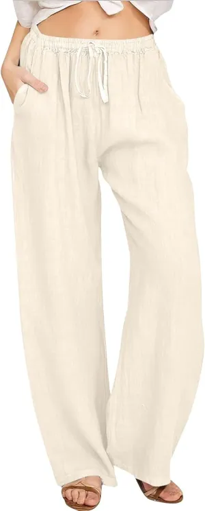 Womens Casual Pants Wide Leg Linen Trousers High Waist Loose Fit Lightweight Summer Beach Pockets Comfortable