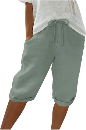 Women's Casual Shorts Linen Pants with Drawstring Waist Bermuda Comfortable Loose Fit Summer Trousers Stylish Bottoms