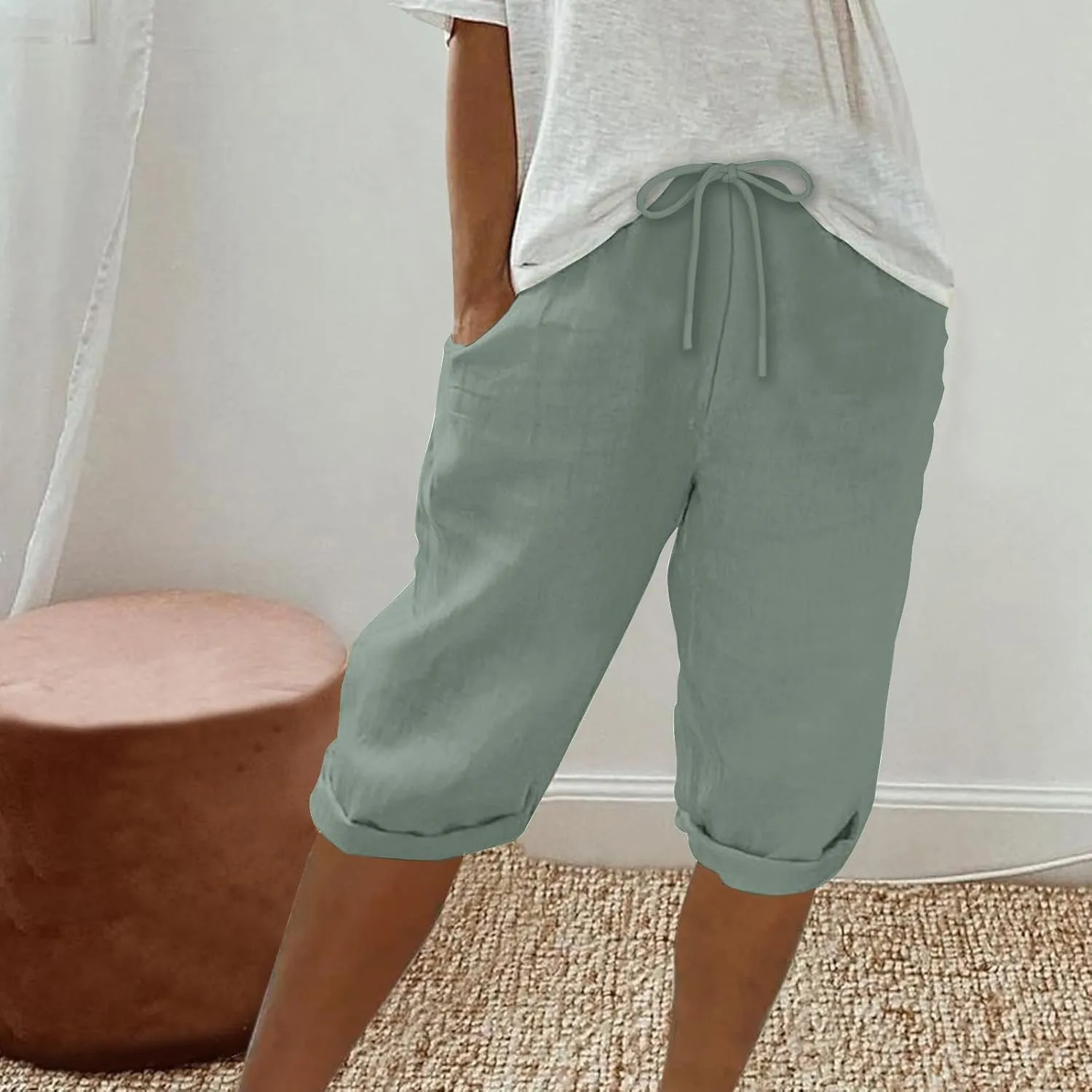 Women's Casual Shorts Linen Pants with Drawstring Waist Bermuda Comfortable Loose Fit Summer Trousers Stylish Bottoms