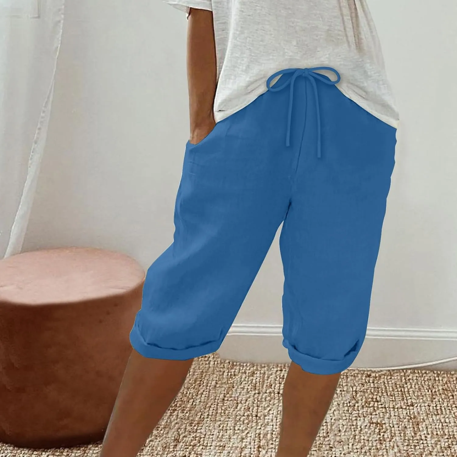 Women's Casual Shorts Linen Pants with Drawstring Waist Bermuda Comfortable Loose Fit Summer Trousers Stylish Bottoms