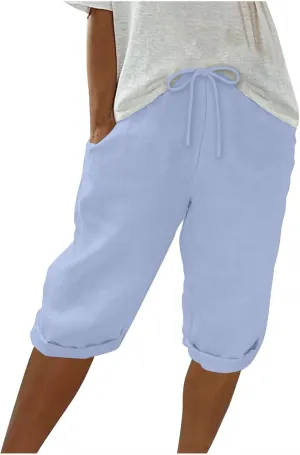 Women's Casual Shorts Linen Pants with Drawstring Waist Bermuda Comfortable Loose Fit Summer Trousers Stylish Bottoms